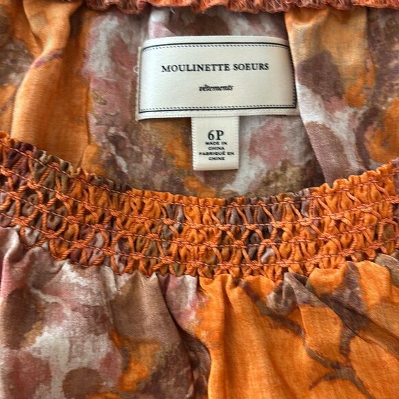 ANTHROPOLOGIE Moulinette Soeurs Fall Orange Floral Cold Shoulder SILK Dress 6P - Picture 2 of 7